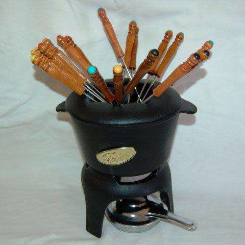 Cast Iron Fondue Pot, Stand, Burner and 18 Colour Coded Forks - Pot Diameter 165mm Depth 90mm