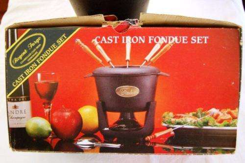 Cast Iron Fondue Pot, Stand, Burner and 18 Colour Coded Forks - Pot Diameter 165mm Depth 90mm
