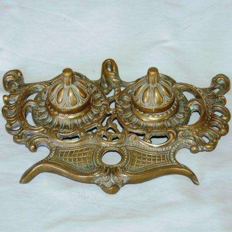 Vintage Brass Double Inkwell - Weight 1.1 kg's - Width 235mm - See description & Pictures.
