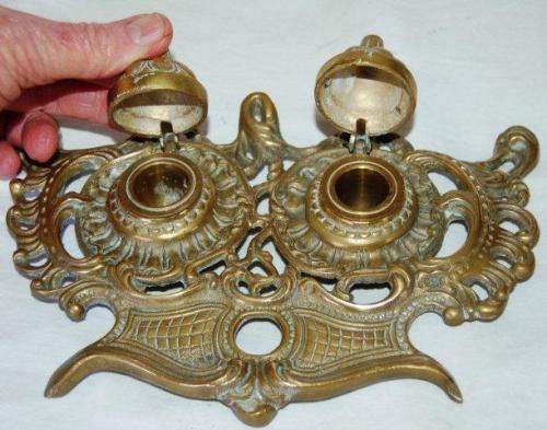 Vintage Brass Double Inkwell - Weight 1.1 kg's - Width 235mm - See description & Pictures.