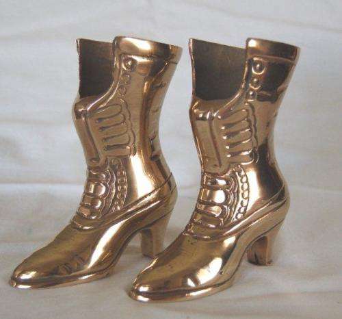 Vintage Pair of Victorian Brass High Heeled Boots - Height 130mm