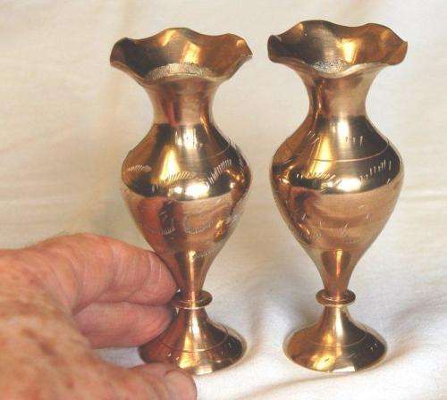Small Vintage Pair of Brass Etched Vases - Height 110mm