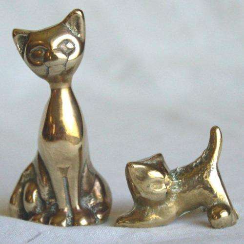Solid Brass Cat & Kitten - Cat is 70mm