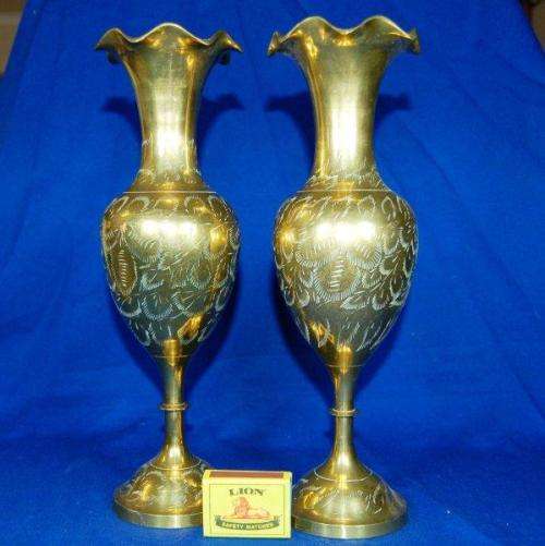 Quality Pair of Etched Brass Vases - Height 305mm