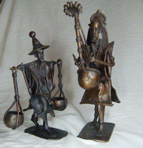 West African Bronzes - Seperewa Player & Burkina Faso Water Carrier - See description. Sold as 1 lot