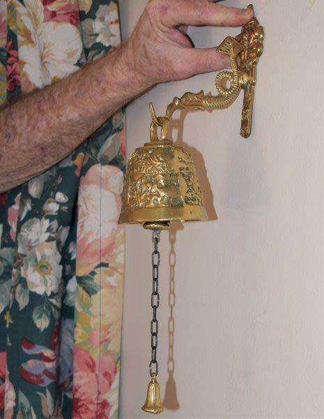 Vintage Brass Sanctuary Bell with Adam and Eve Serpent Hook. See description for details