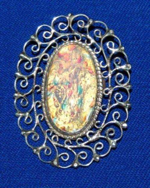 Vintage Mexican Filigree Sterling Silver Foil Opal Brooch or Pendant