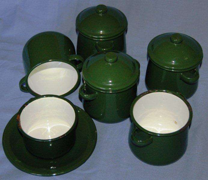 5 Green Enamel Storage/Sugar Canisters - 3 have Lids. Plus one Enamel Cup and Saucer