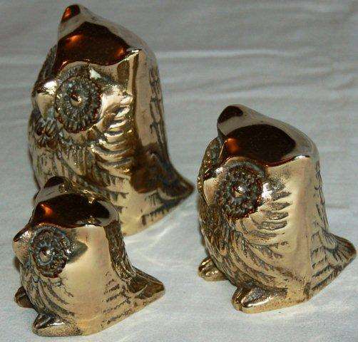 Trio of Brass Owls  with a difference - They have Tails - Largest is 80mm High