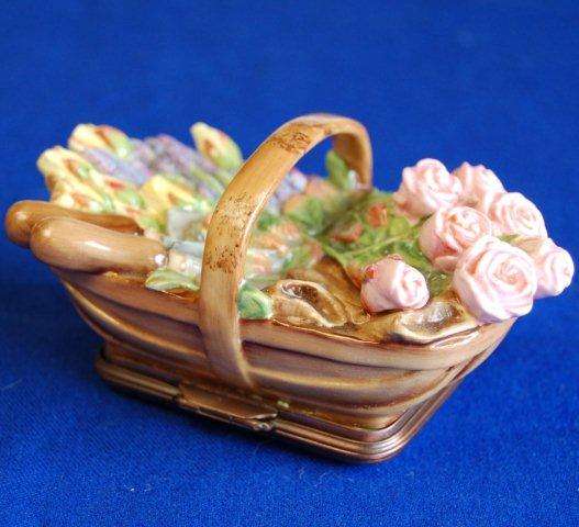 " Halcyon Days " Flower Basket with Enamelled Trinket Box with beautifully inscribed verse.