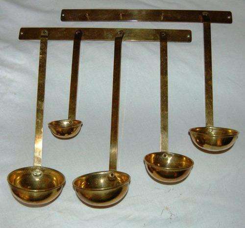 Set of 5 Brass Decorative Ladles and Hangers - Largest is 300mm long