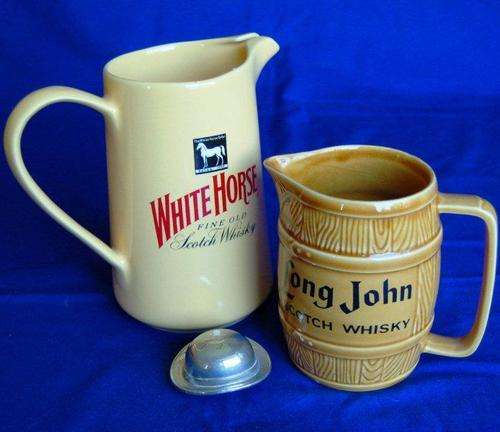 White Horse & Long John Water Jugs - White Horse Jug is 180mm High - Free Bottle Stopper.