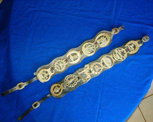 2 Antique Horse Brass Martingales - Original Leather - 12 Brasses. See pictures below.