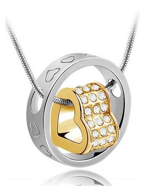 Czech Rhinestones Gold Plated circle round Heart pendant Necklace