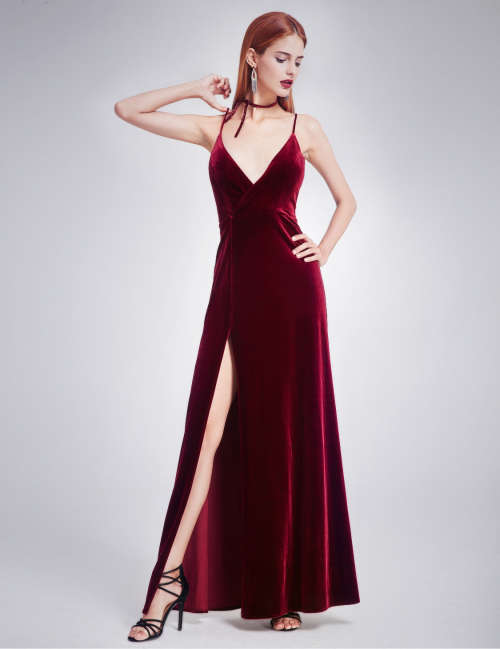 V Neck Velvet Evening Dress with Thigh High Slit