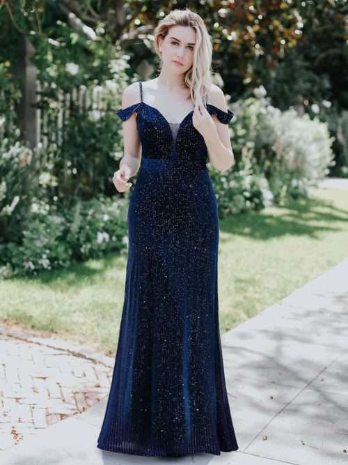 Cold-Shoulder V-Neck Long Formal Evening Dress
