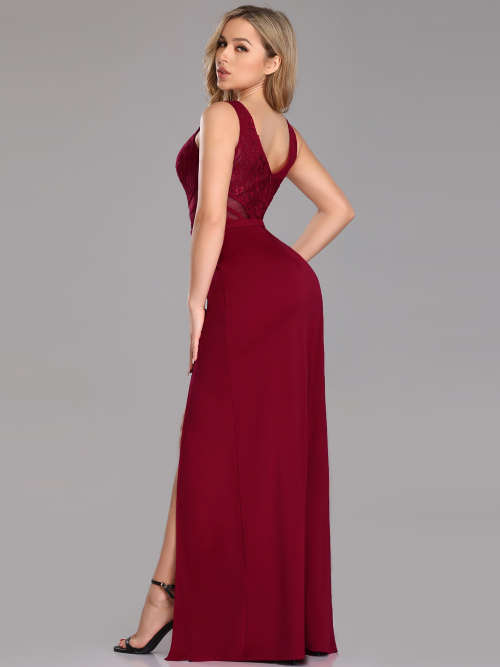 Sexy V Link Burgundy Evening Dresses with Side Split