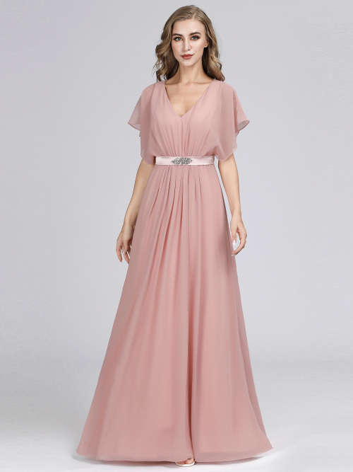 Elegant A Line Short Sleeve Long Chiffon Bridesmaid Dresses