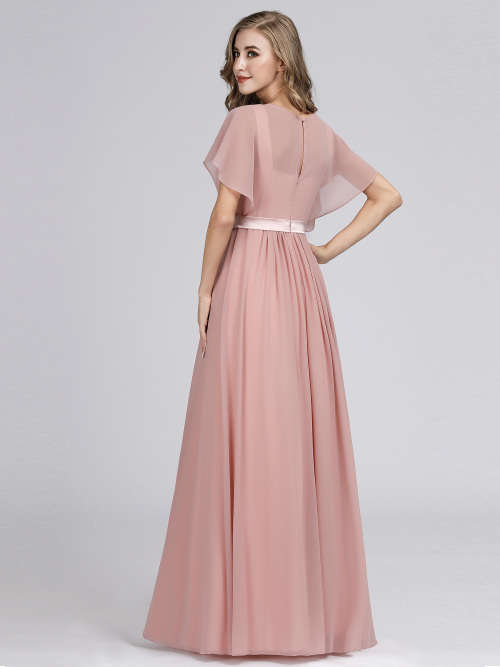 Elegant A Line Short Sleeve Long Chiffon Bridesmaid Dresses