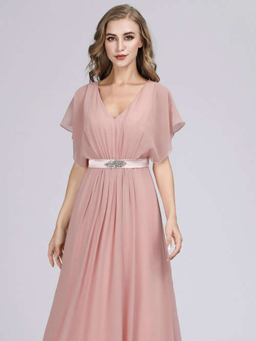 Elegant A Line Short Sleeve Long Chiffon Bridesmaid Dresses
