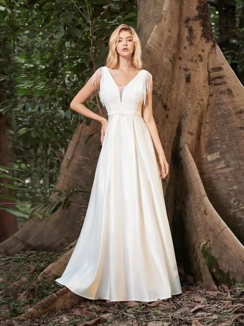 A-Line Satin Wedding Dress with Deep V Neck