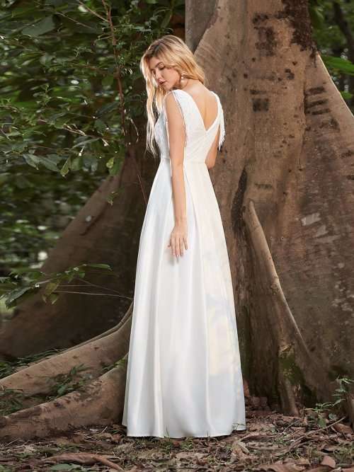 A-Line Satin Wedding Dress with Deep V Neck