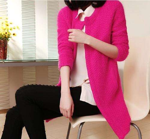 Simple round neck long-sleeved  mohair knitting cardigan jacket 8colors