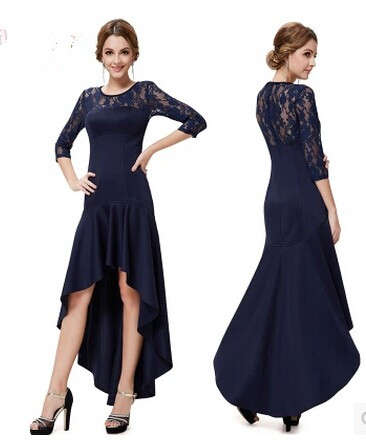Blue Lace Half Sleeve Elegant Evening Dress