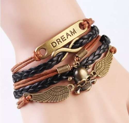 New Infinity dream, wings and skull copper plated brown leather bracelet