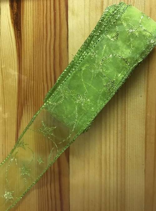 40mm x 3m Lime Glitter Wired Organza Ribbon