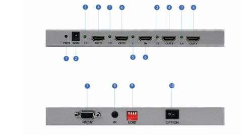 4 Port Out HDMI Splitter 4K v2.0 Ultra HD / 60Hz / IR / EDID / RS232 / PC / HDCP 2.2