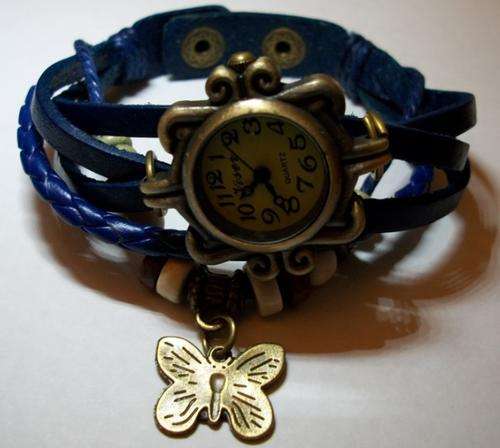 Vintage Bracelet Wristwatches Butterfly  Women Blue Genuine Leather Strap