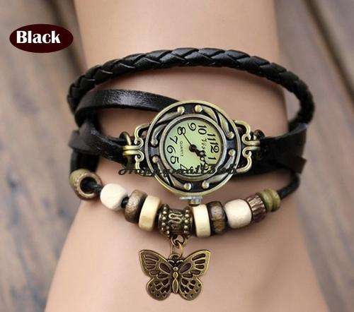Vintage Bracelet Wristwatches Butterfly Women Black Genuine Leather Strap