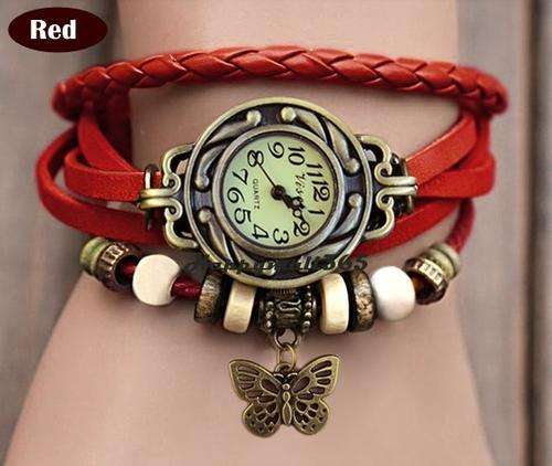Vintage Bracelet Wristwatches Butterfly Women Red Genuine Leather Strap