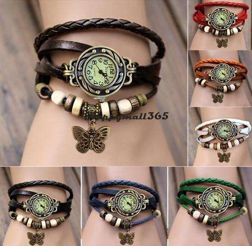 Vintage Bracelet Wristwatches Women Genuine Leather Strap, charms may vary.
