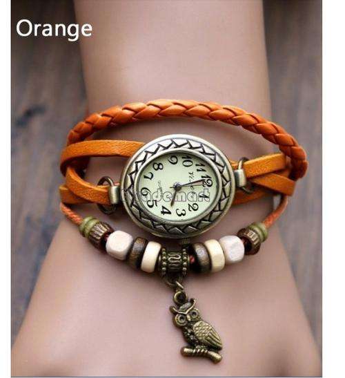 Orange Women Leather Wrist Watch Bracelet, Retro Vintage Owl Pendant Weave Wrap