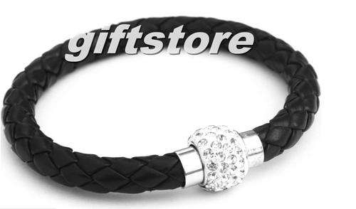 black Leather Wrap Wristband Cuff Punk Magnetic Rhinestone Buckle Bracelet Bangle