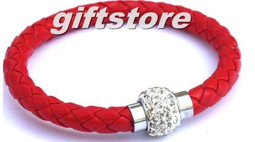 Red Leather Wrap Wristband Cuff Punk Magnetic Rhinestone Buckle Bracelet Bangle