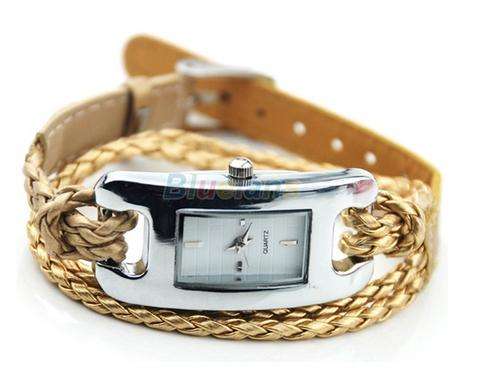 Gold Ladies Bracelet Multi Layer Woven  Band Quartz Wrist Watch