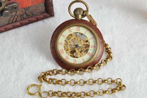 Wood brass mechanical pocket watch