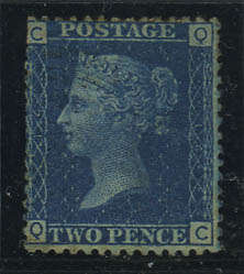 GB QV 2d Blue (Two Pence) SG 45 Plate 14 partial gum m/m Cat. R5500+
