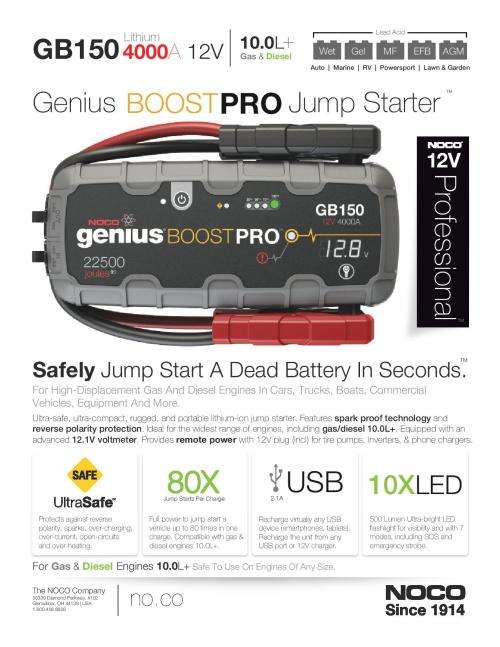 NOCO Genius GB150 Boost Pro 4000A 12 Ultrasafe Lithum Jump Starter