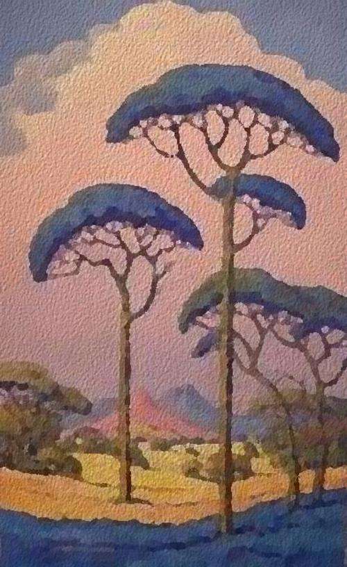 BLUE, PINK LANDSCAPE - BEAUTIFUL PRINT OF  WATERCOLOUR