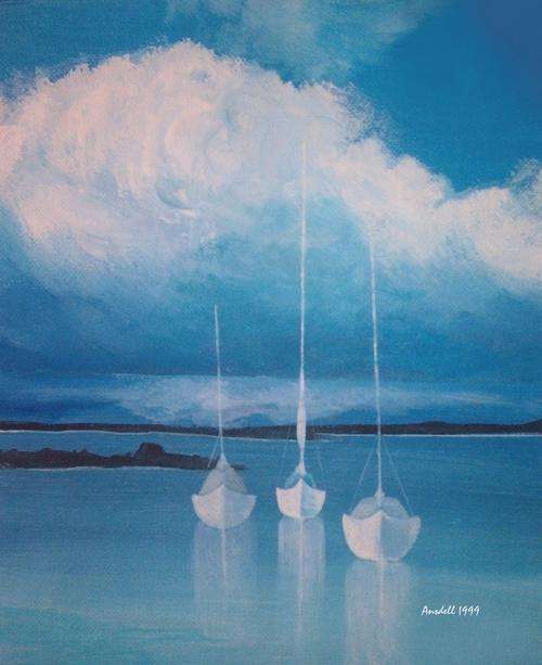 *THREE BOATS IN THE BAY*  BEAUTIFUL CANVAS PRINT OF ORIGINAL OIL PAINTING*