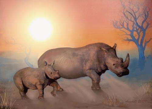 AFRICAN RHINOS AT DUSK - BEAUTIFUL CANVAS PRINT OF ORIGINAL PAINTING