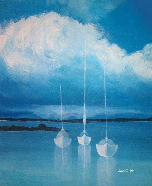 *THREE BOATS IN THE BAY* - BEAUTIFUL CANVAS  PRINT  or BOARD PRINT OF ORIGINAL OIL ra