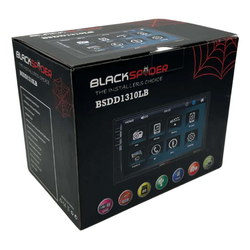 Blackspider Double Din Long Base Bluetooth USB Media Player Free Reverse Cam Included