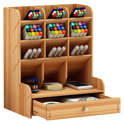 Wooden storage box large-capacity creative multi-fraction pen holder office desktop storage rack