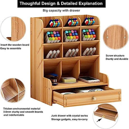 Wooden storage box large-capacity creative multi-fraction pen holder office desktop storage rack