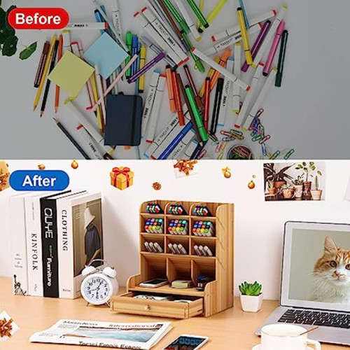 Wooden storage box large-capacity creative multi-fraction pen holder office desktop storage rack